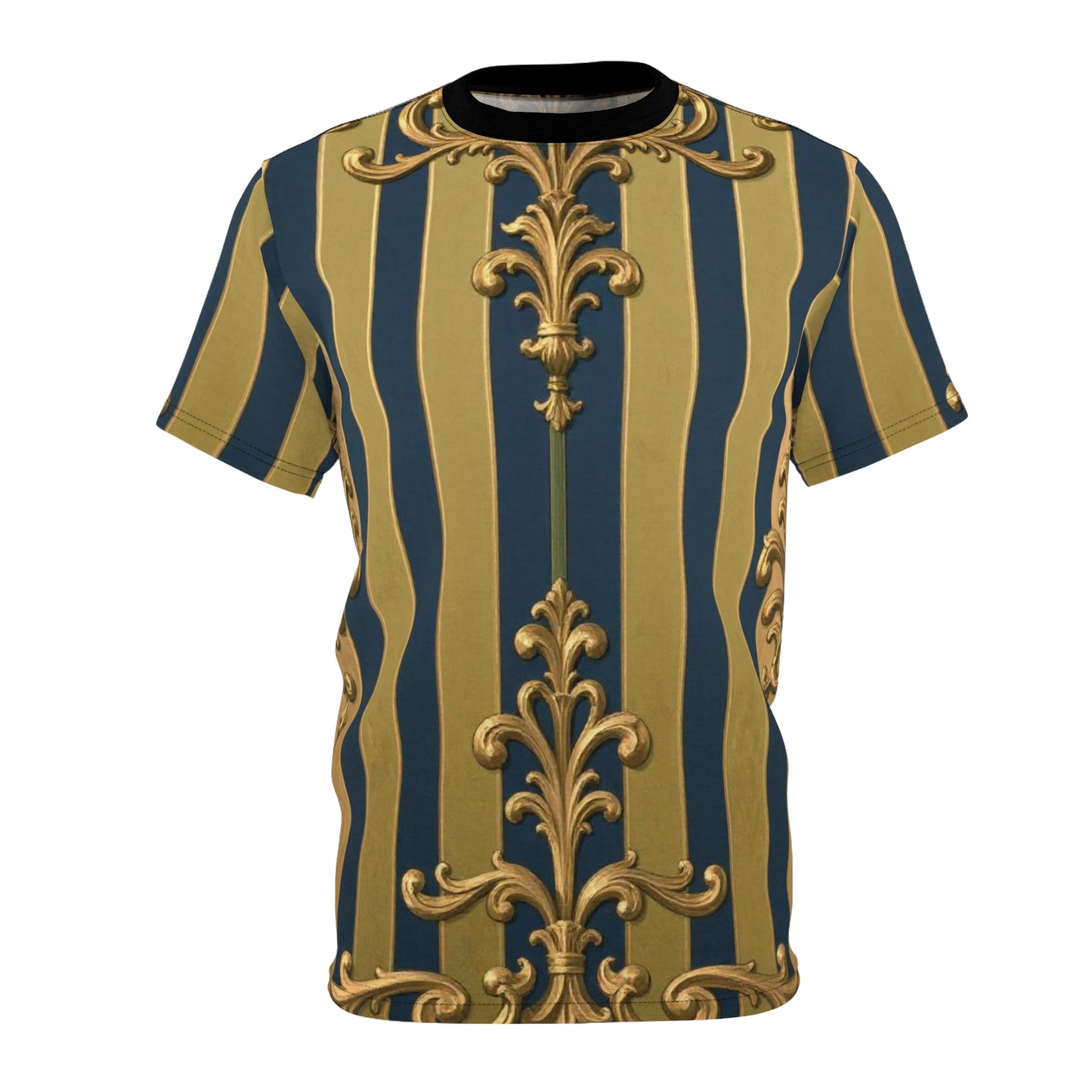 Elegant Midnight Blue & Olive Striped Gold Baroque Unisex Tee, Trendy Fashion Top, Artistic Casual Shirt, Unique Graphic Tee, Gift for Art Lovers
