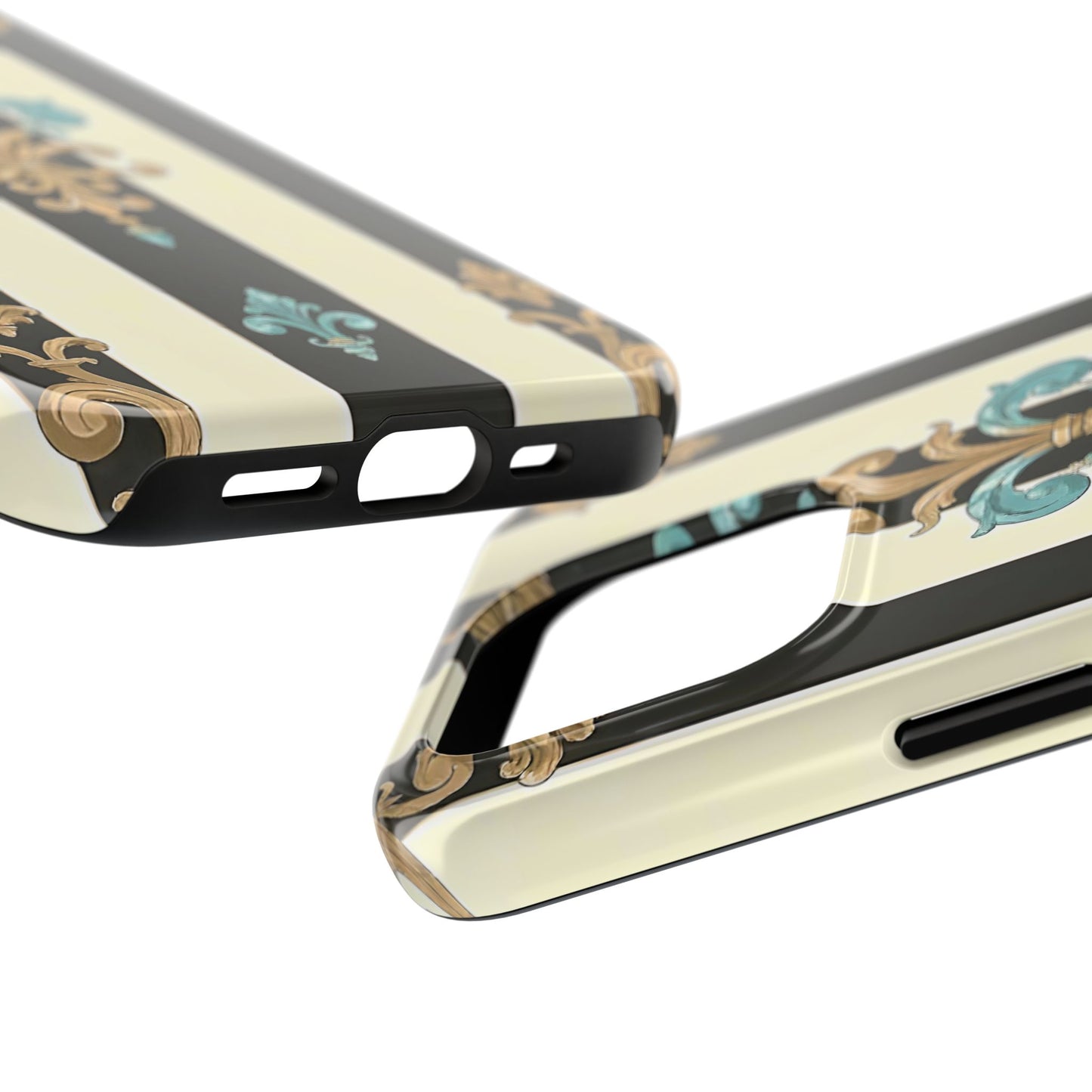 Elegant Vintage Tough Phone Cases, Stylish Phone Accessories, Quality Protection, Gifts for Her - Black Striped Turquoise & Black Rococo