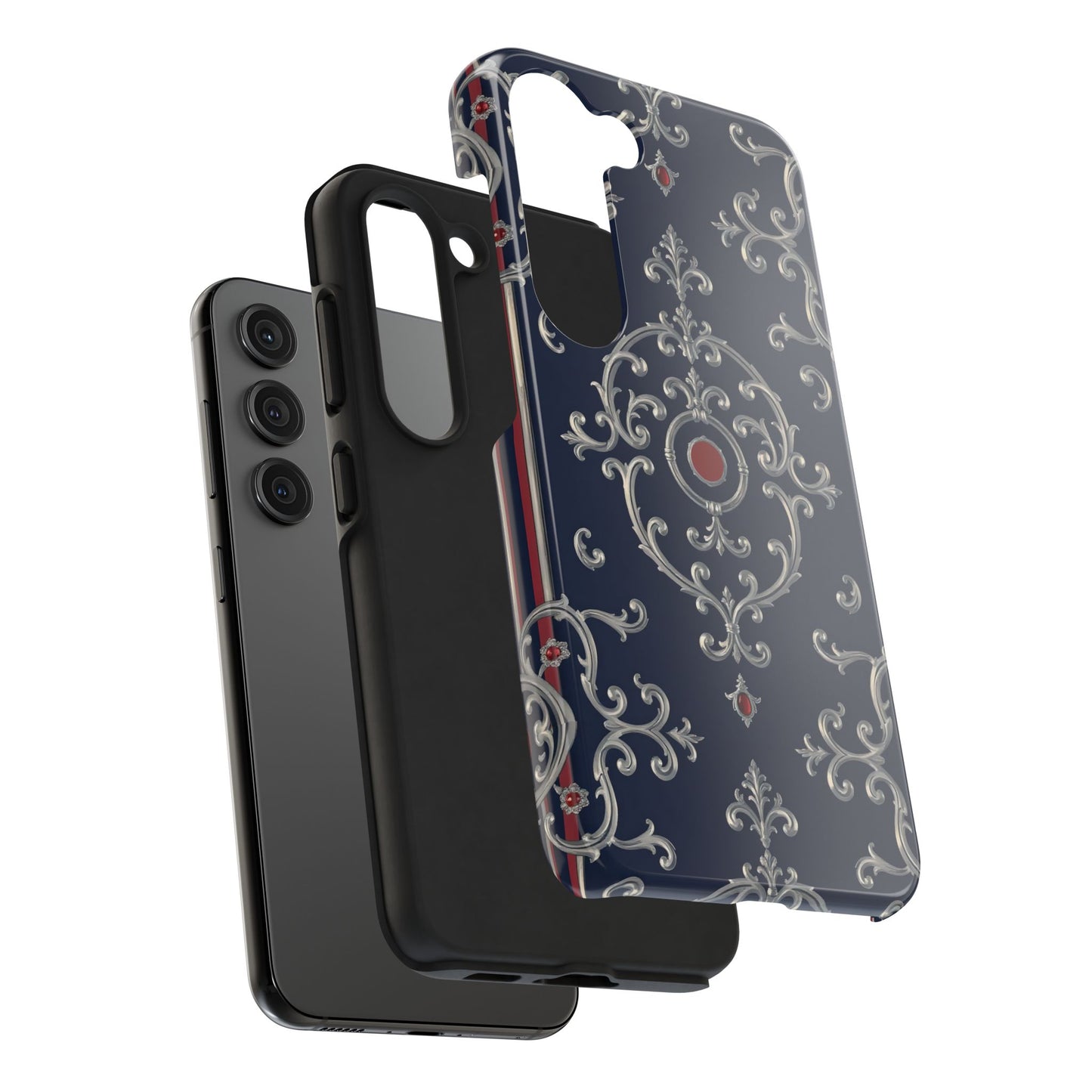 Elegant Patterned Tough Phone Cases for Stylish Protection, Gift for Her, Unique Accessories - Blue & Red Striped Silver Baroque