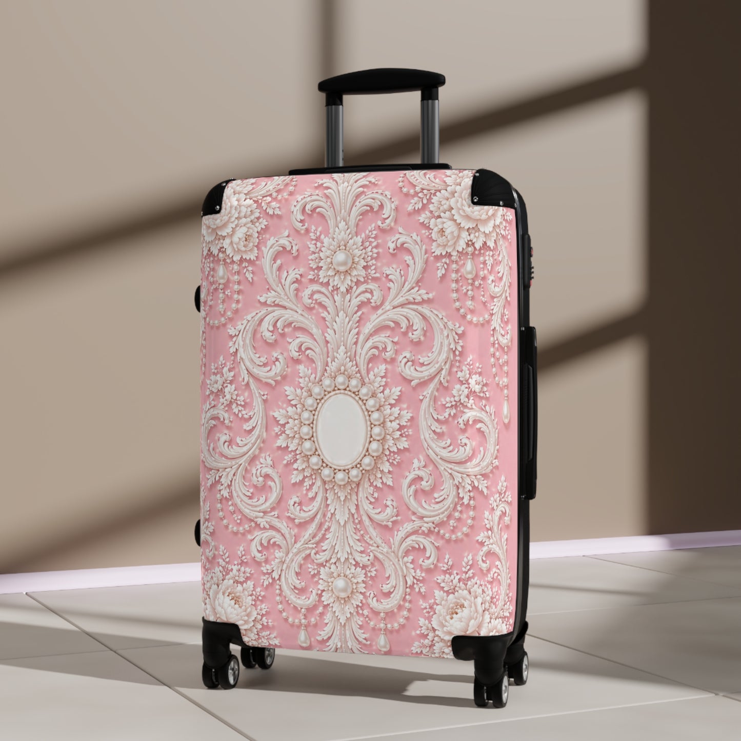 Pink Rococo Suitcase – Vintage Pearl Ornate Travel Luggage