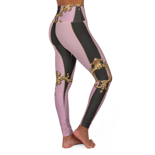 Elegant AOP High Waisted Yoga Leggings - Fashionable Activewear for Workouts, Athleisure, Yoga Classes - Matte Lavender & Black Striped Gold Baroque