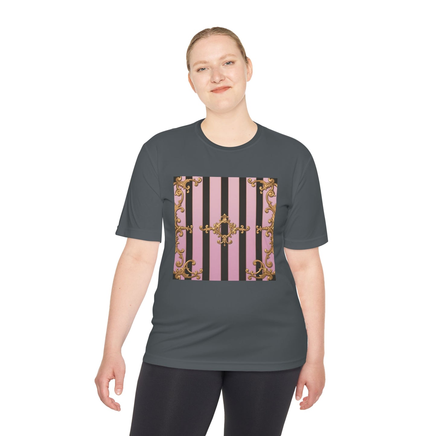 Elegant Striped Unisex Moisture Wicking Tee, Stylish Workout T-Shirt, Fashionable Athletic Top - Matte Lavender & Black Striped Gold Baroque