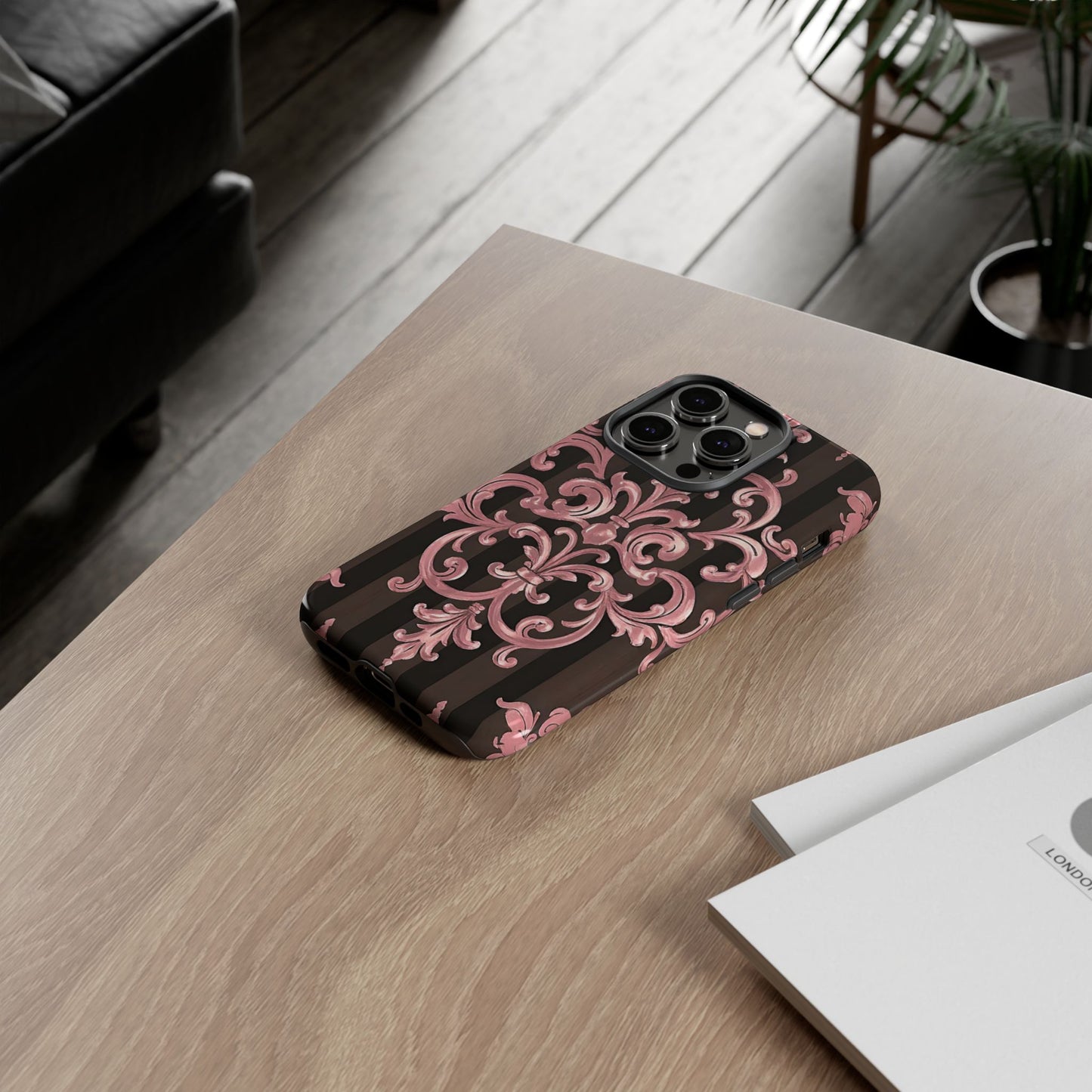 Elegant Floral Motif Phone Case - Tough Cases with Vintage Design - Brown Striped Mauve Damask