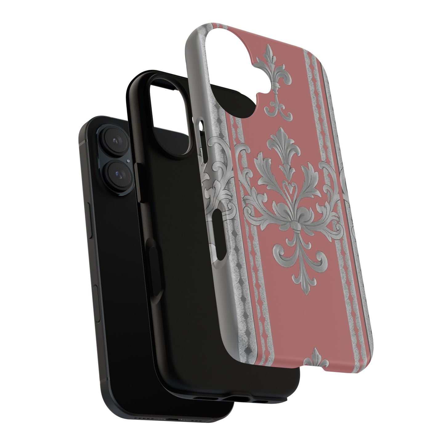 Elegant Floral Phone Case - Tough Cases for Stylish Protection - Gray & Mauve Striped Baroque