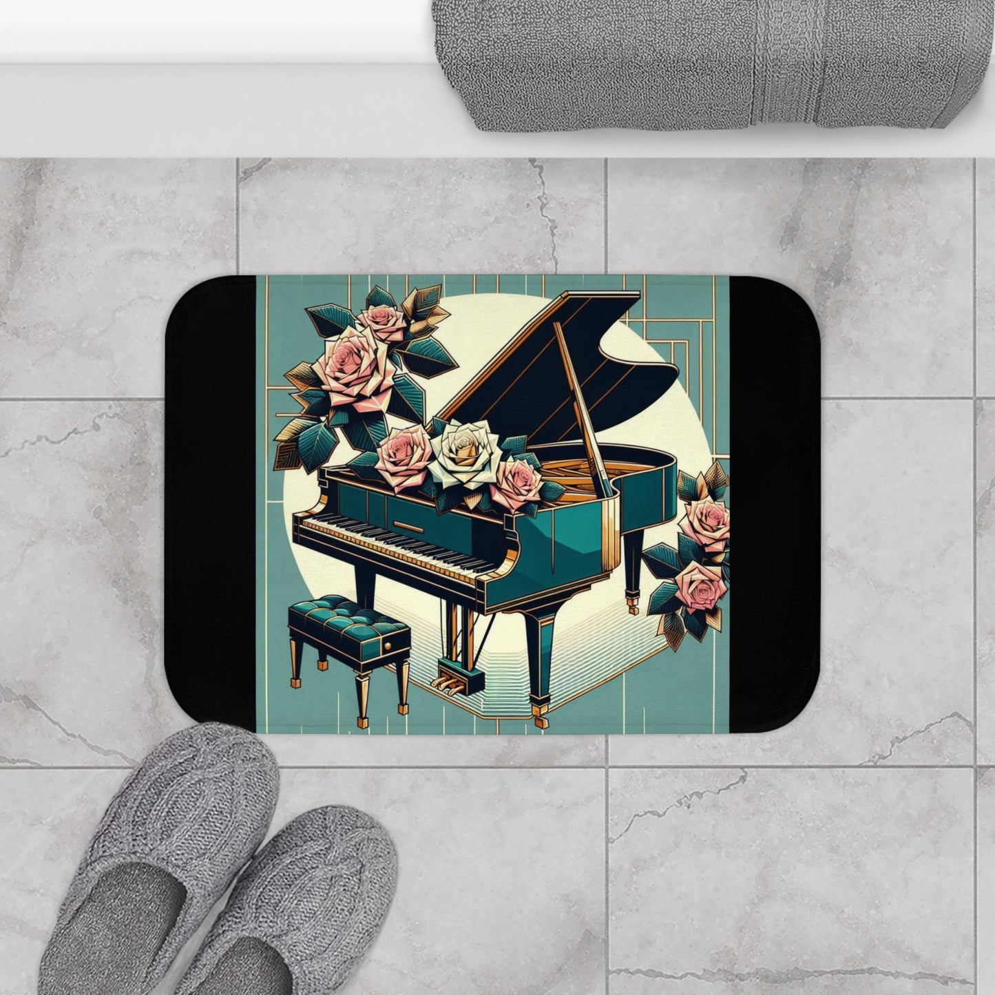 Elegant Piano & Roses Bath Mat - Music Lover Decor