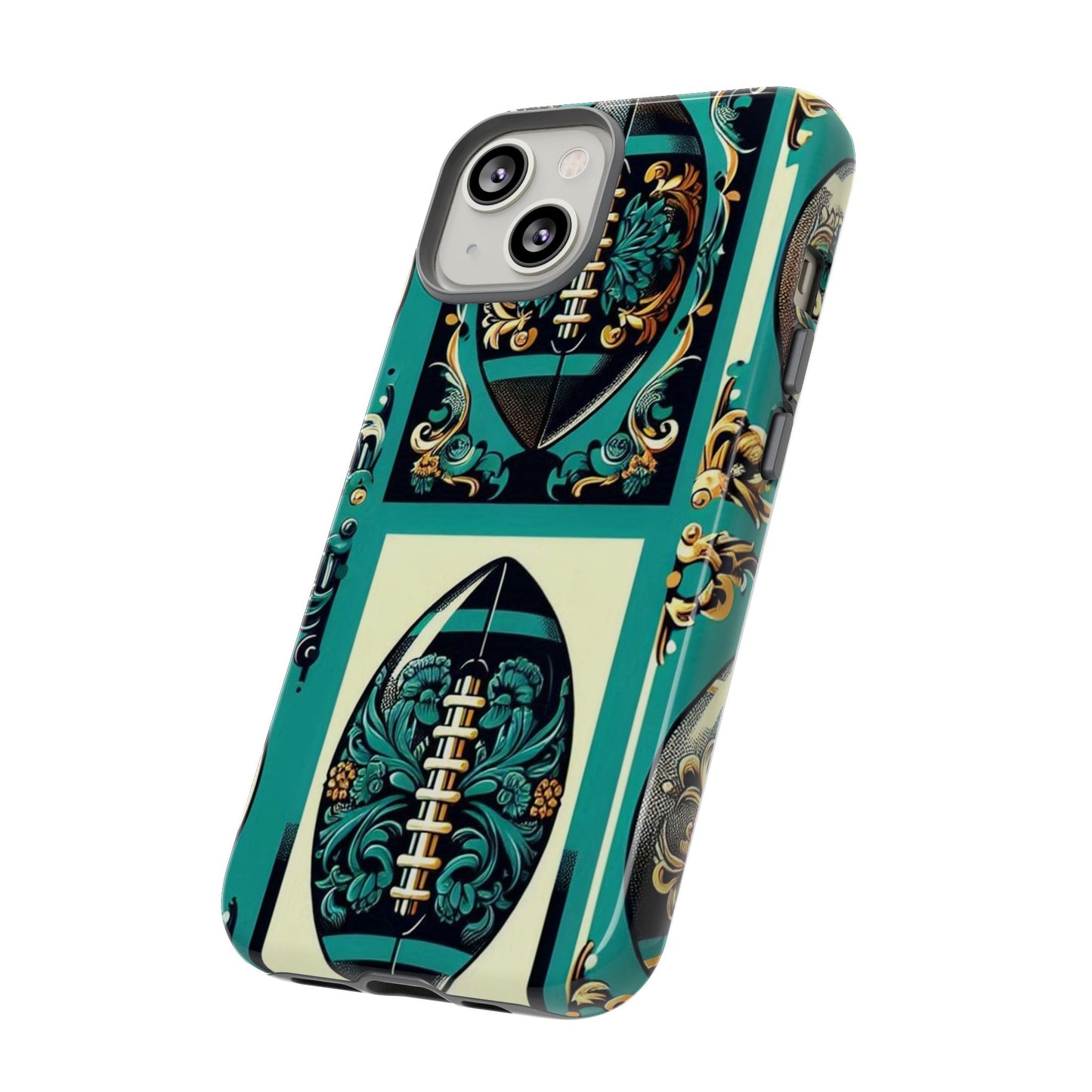 Elegant Floral Motif Phone Case - Tough Cases with Vintage Design -  Damask Teal, Gold & Black Footballs