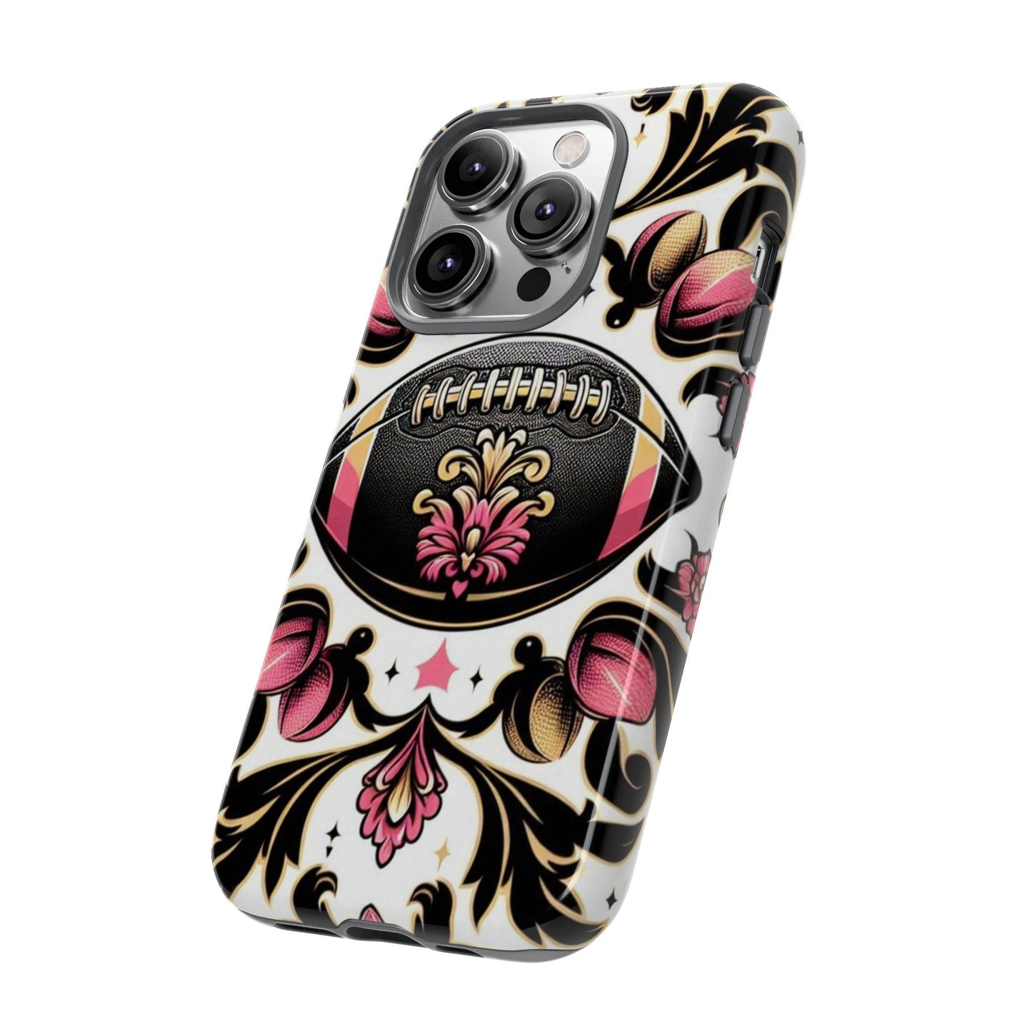 Elegant Floral Motif Phone Case - Tough Cases with Vintage Design - Damask White, Pink Gold & Black Football
