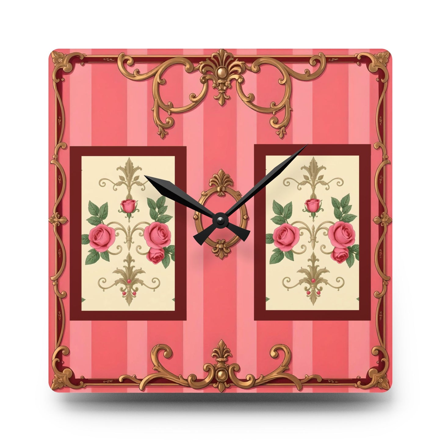 Vintage-Inspired Acrylic Wall Clock with Floral Design - Pink Striped Baroque & Roses