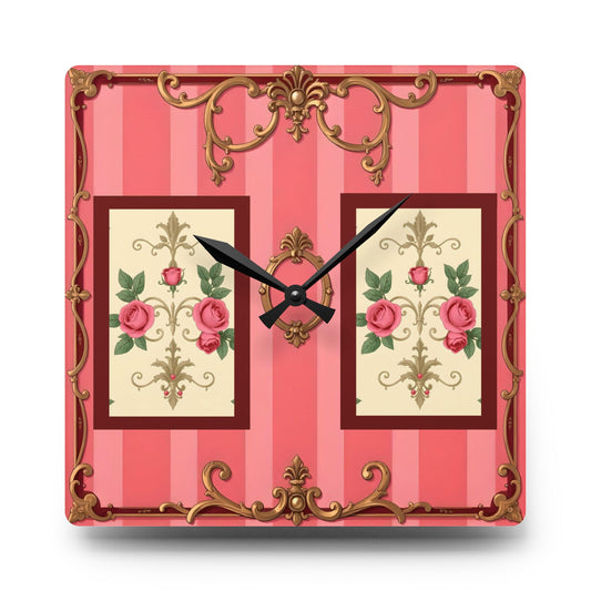 Vintage-Inspired Acrylic Wall Clock with Floral Design - Pink Striped Baroque & Roses