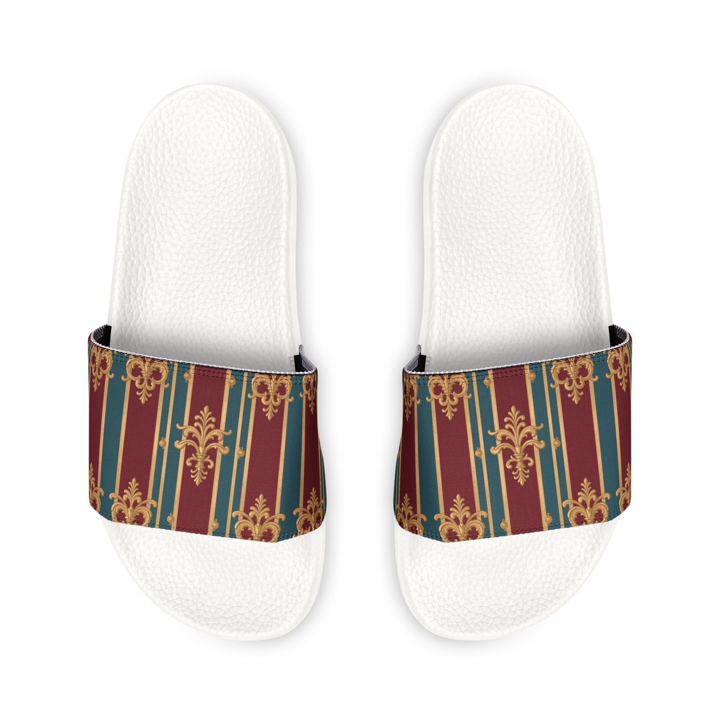 Chic Women's Removable-Strap Sandals, Summer Beach Footwear, Casual Slip-Ons, Trendy Slide Sandals - Burgundy Striped Gold Baroque