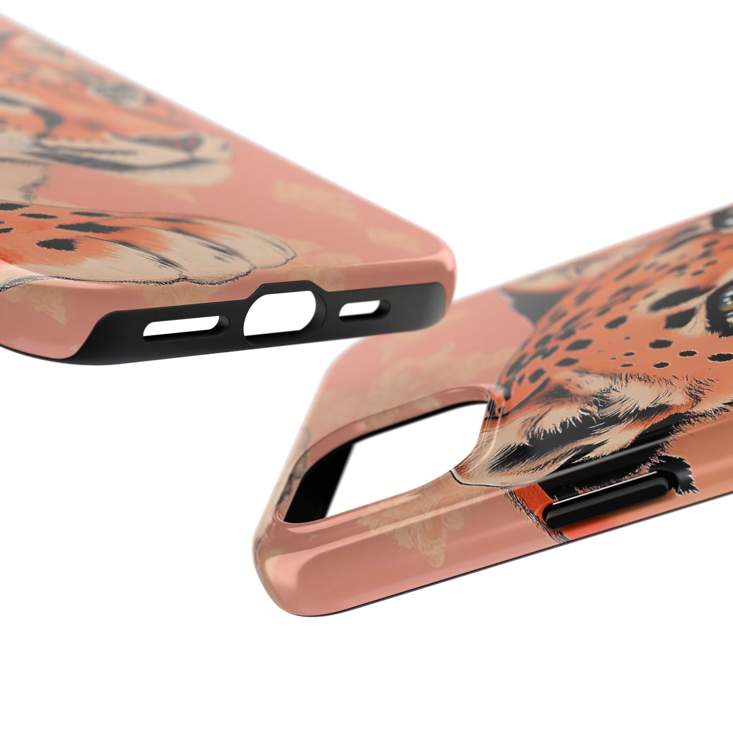 Leopard Tough Phone Case - Trendy Floral Motif Design for Animal Lovers - Peach Leopard & Damask