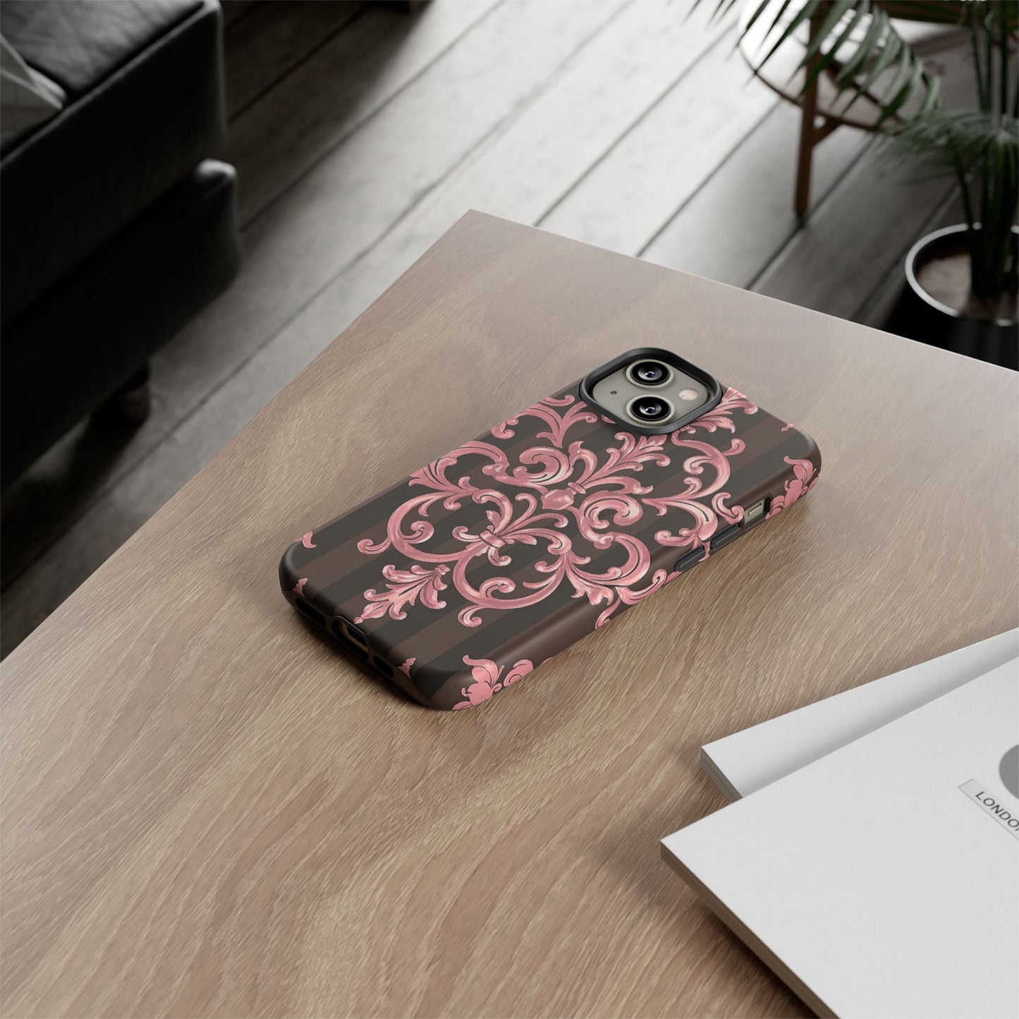 Elegant Floral Motif Phone Case - Tough Cases with Vintage Design - Brown Striped Mauve Damask
