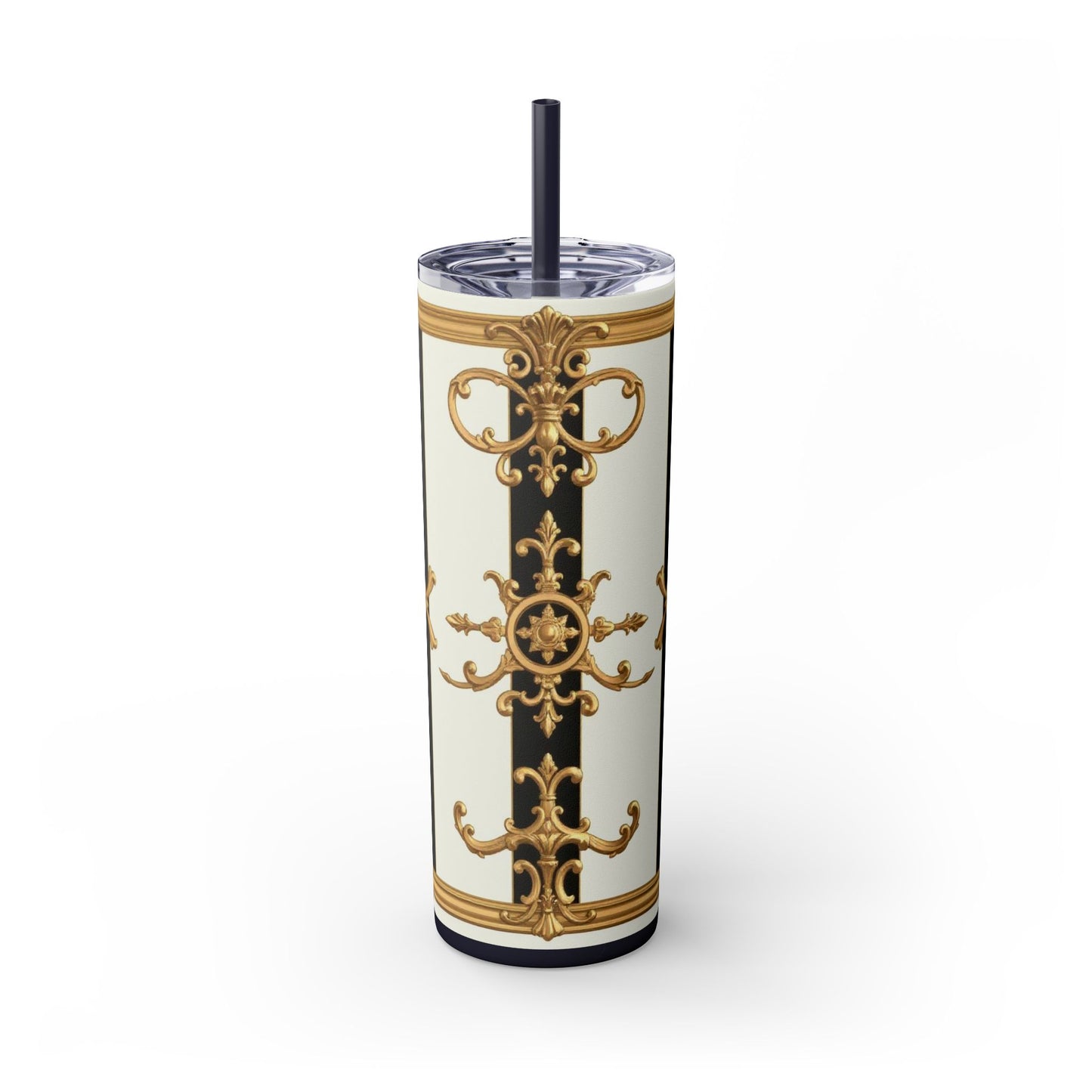 Elegant Gold Accents Skinny Tumbler, 20oz - Stylish Drinkware for Weddings, Parties, Gifts, or Everyday Use - Black & White Striped Gold Baroque