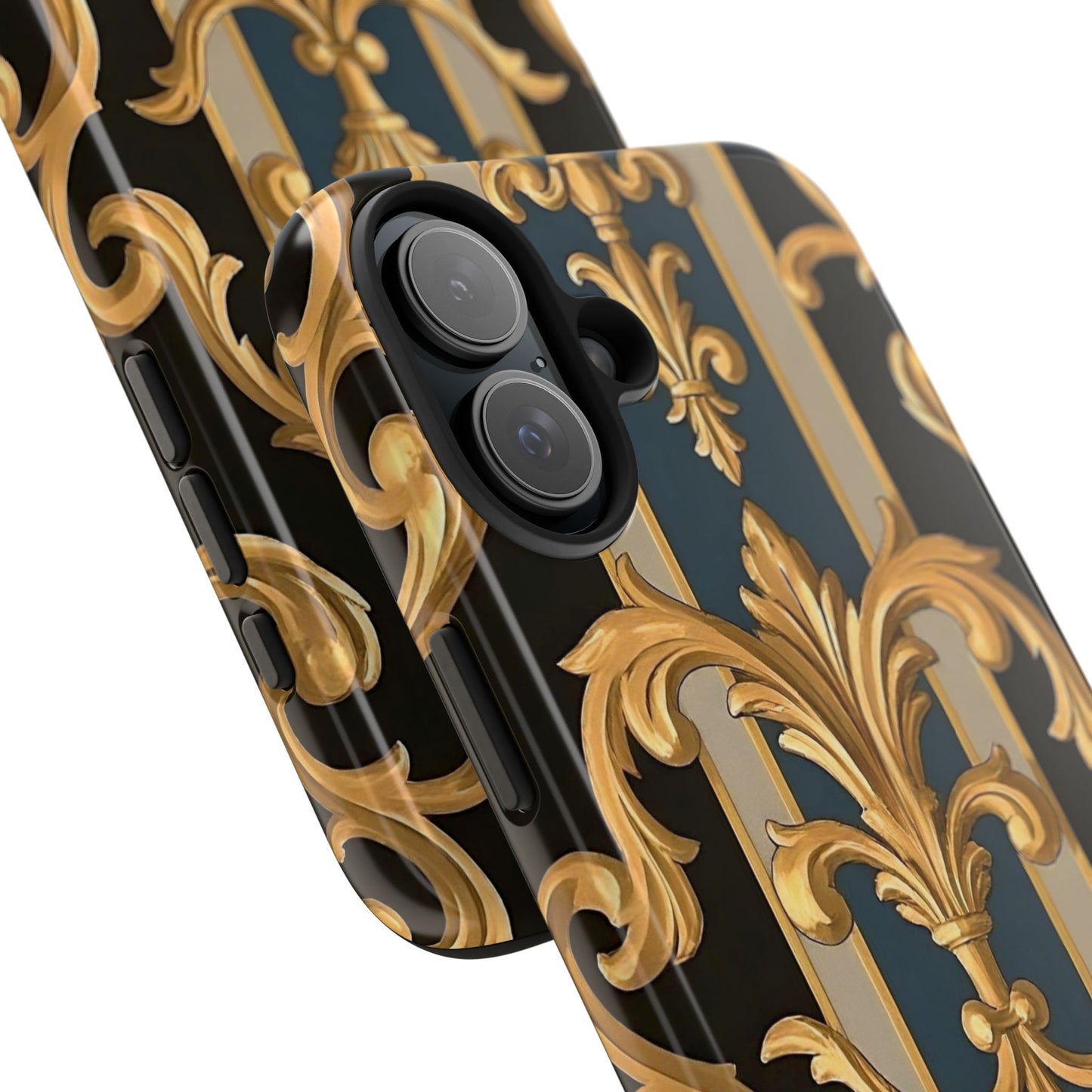 Elegant Rococo Phone Cases, Tough iPhone Case, Floral Design Case, Luxury Phone Cover - Blue & Black Striped Rococo