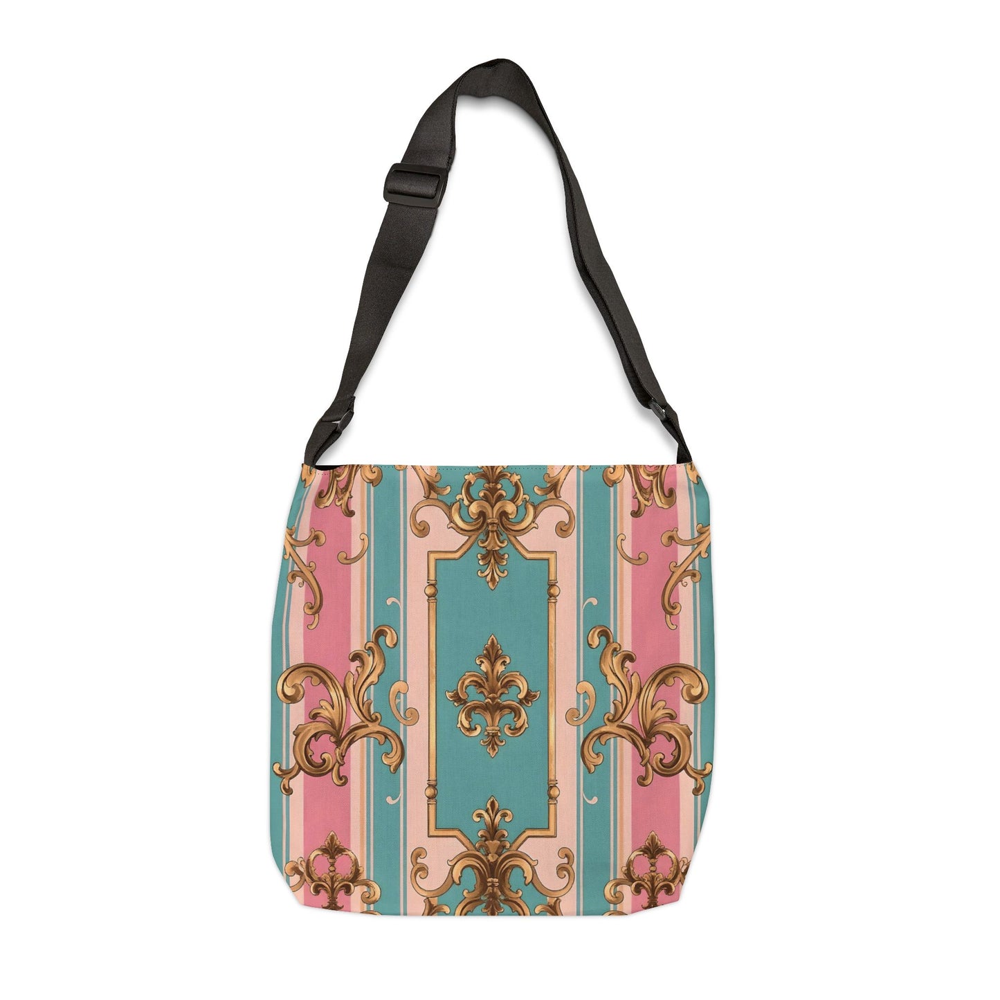 Elegant Vintage Floral Adjustable Tote Bag, Stylish Handbag, Everyday Use, Gift for Her - Pink & Matte Turquoise Striped Rococo