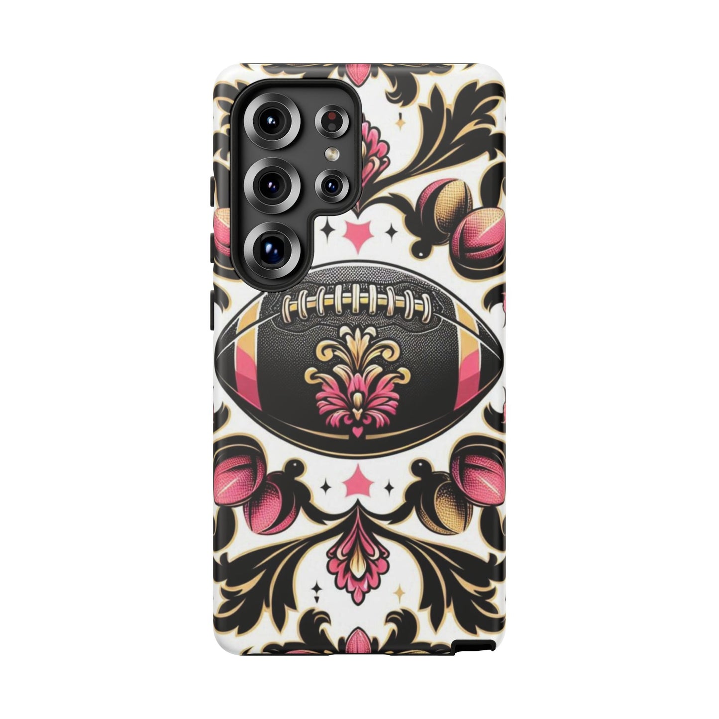 Elegant Floral Motif Phone Case - Tough Cases with Vintage Design - Damask White, Pink Gold & Black Football