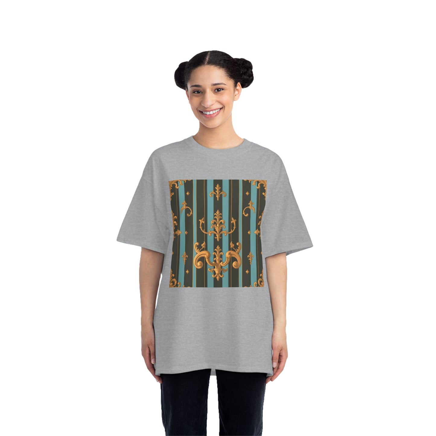 Elegant Vintage Pattern T-Shirt, Stylish Tee for Everyday Wear, Retro Design Shirt, Perfect Gift for Art Lovers - Black & Turquoise Striped Baroque