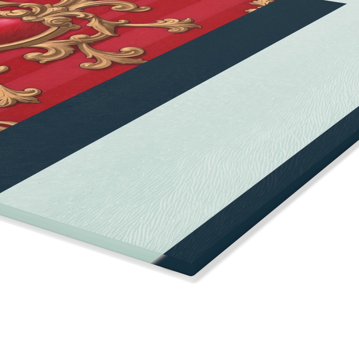 Elegant Decorative Glass Cutting Board, Kitchen Gifts, Home Decor, Cooking Accessories, Wedding Registry - Blue, Red & White Striped Baroque