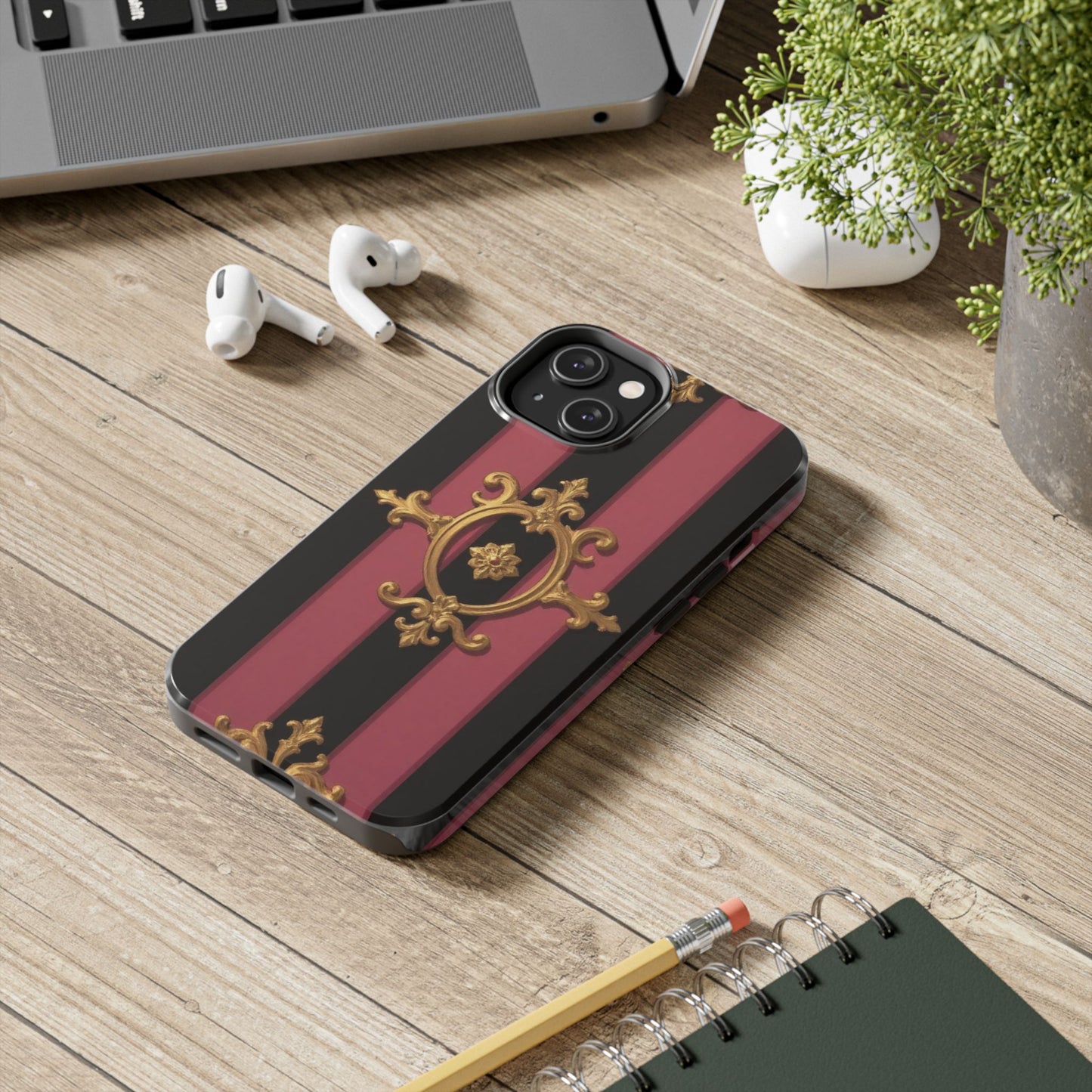 Elegant Black & Mauve Striped Gold Baroque Tough Phone Cases, Luxe Phone Covers, Fashionable Mobile Cases, Gift for Her, Holiday Phone Accessories