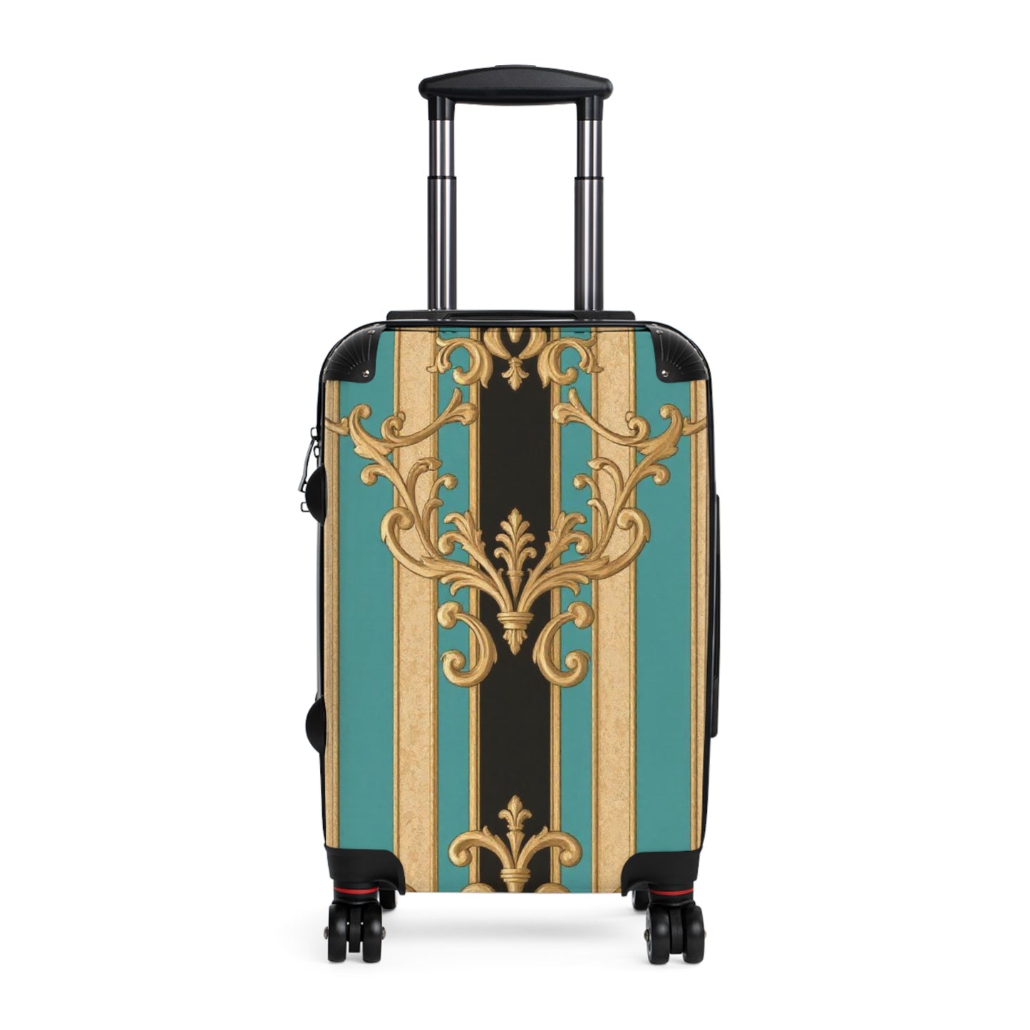 Stylish Black, Tan & Ocean Green Striped Gold Baroque Travel Suitcase, Luggage for Adventurers, Unique Gift for Travelers, Vintage Design