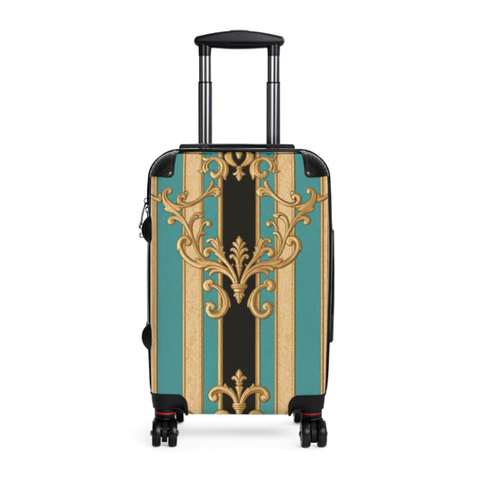 Stylish Black, Tan & Ocean Green Striped Gold Baroque Travel Suitcase, Luggage for Adventurers, Unique Gift for Travelers, Vintage Design