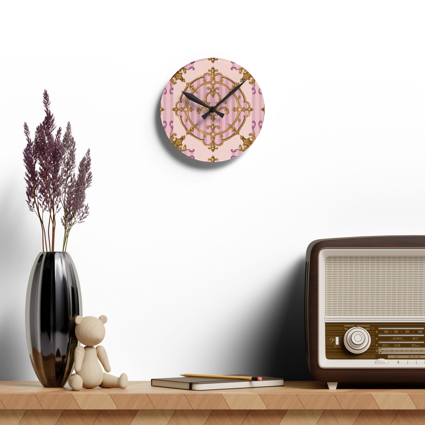 Elegant Vintage Lavender & Alabaster Striped Gold Baroque Acrylic Wall Clock, Chic Wall Art, Gift for Her, Stylish Living Room Accessory