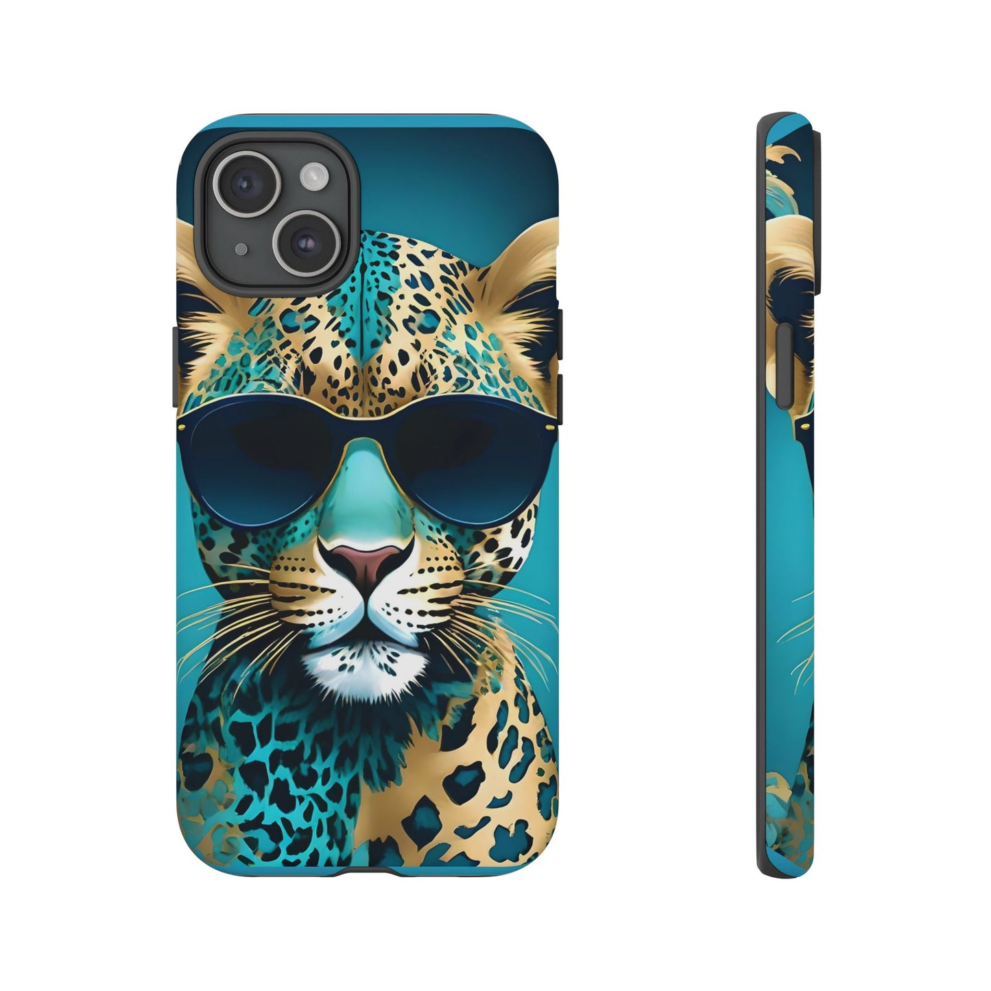 Phone Case - Aqua & Gold Leopard In Sunglasses Design