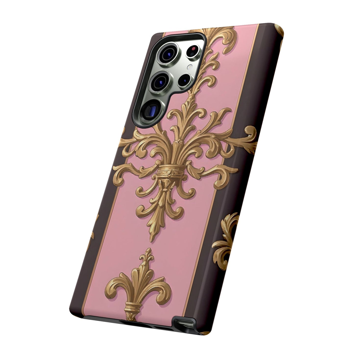 Elegant Floral Motif Phone Case - Tough Cases with Vintage Design - Pink & Brown Striped Gold Damask