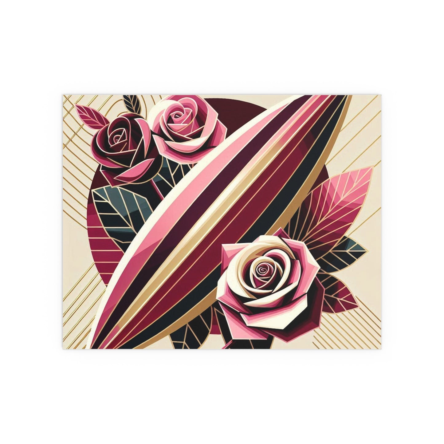 Elegant Floral Silk Poster - Indoor/Outdoor Wall Art for Home Decor - Pink & Burgundy Striped Surfboard & Roses
