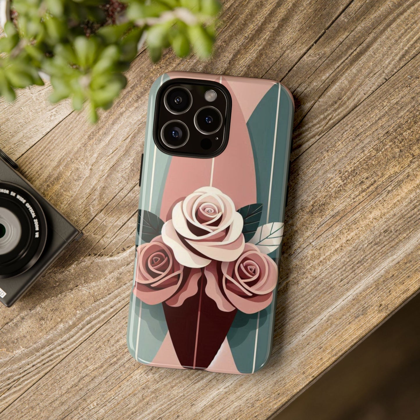 Phone Case - Burgundy, Matte Mauve & Teal Surfboard & Roses Design