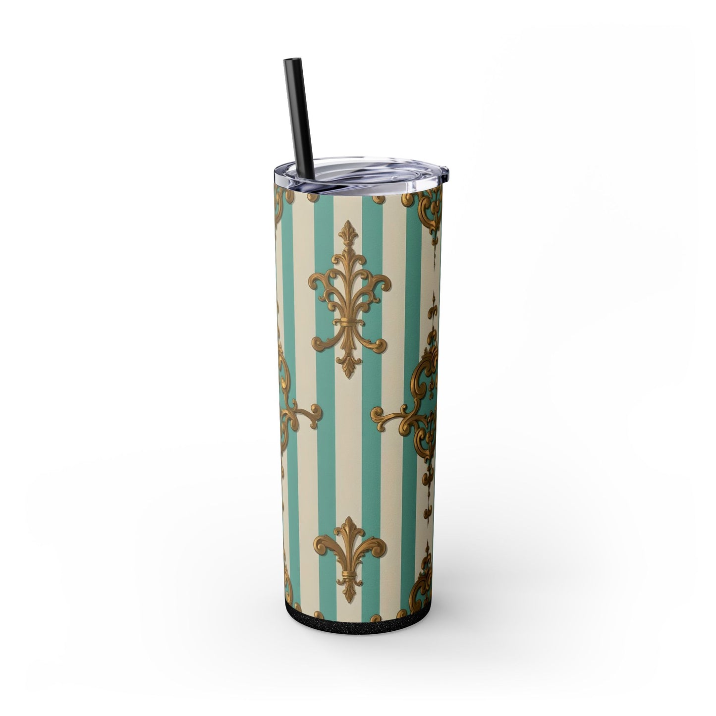 Elegant Vintage Skinny Tumbler with Straw, 20oz, Stylish Drinkware, Perfect Gift for Home, Coffee Lovers - Matte Green Striped Rococo
