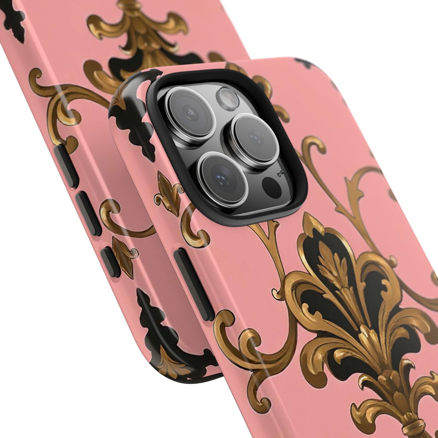 Chic Tough Phone Cases with Floral Design, Elegant Phone Cover, Durable Smartphone Case, Stylish Tech Accessory - Pink, Black & Gold Rococo