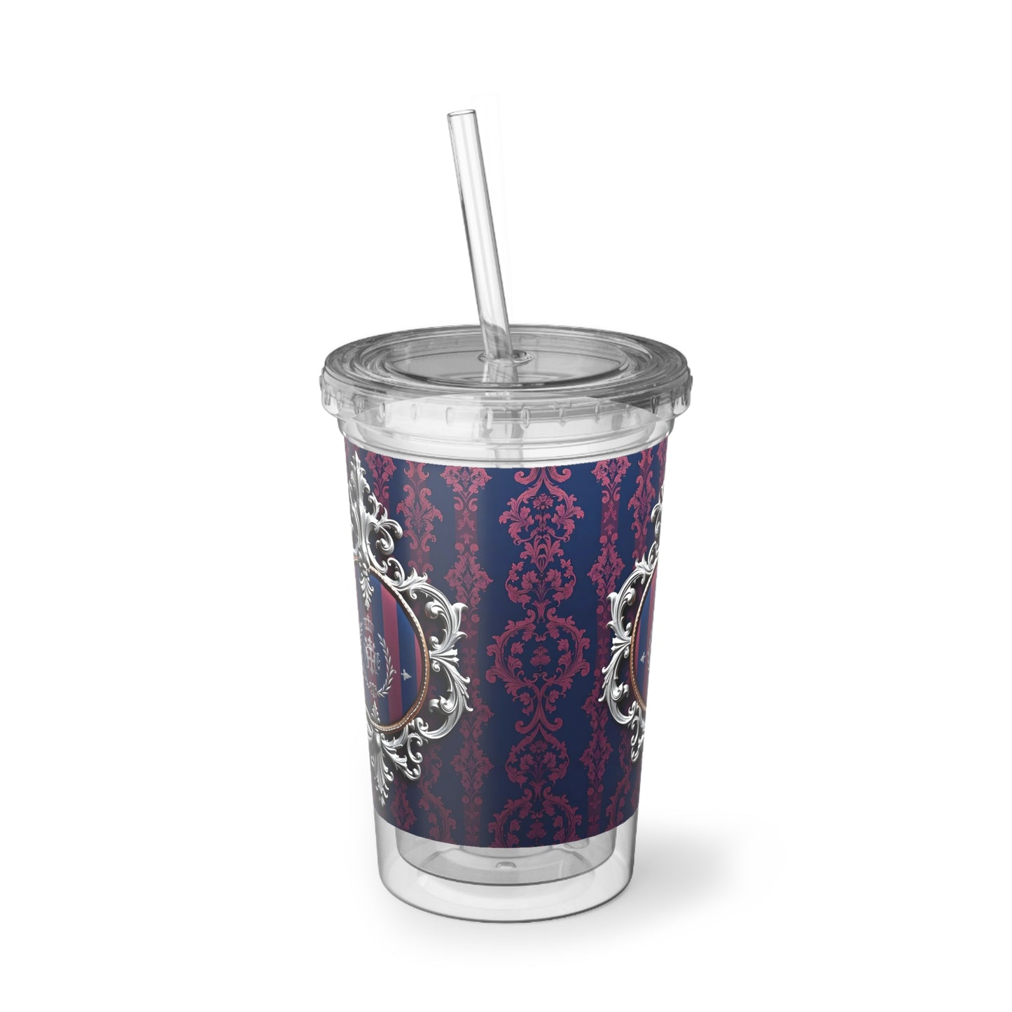 Stylish Acrylic Cup with Elegant Pattern, Gift for Coffee Lovers, Reusable Drinkware, Luxe Travel Mug, Birthday Present - Blue & Plum Striped Silver Crest
