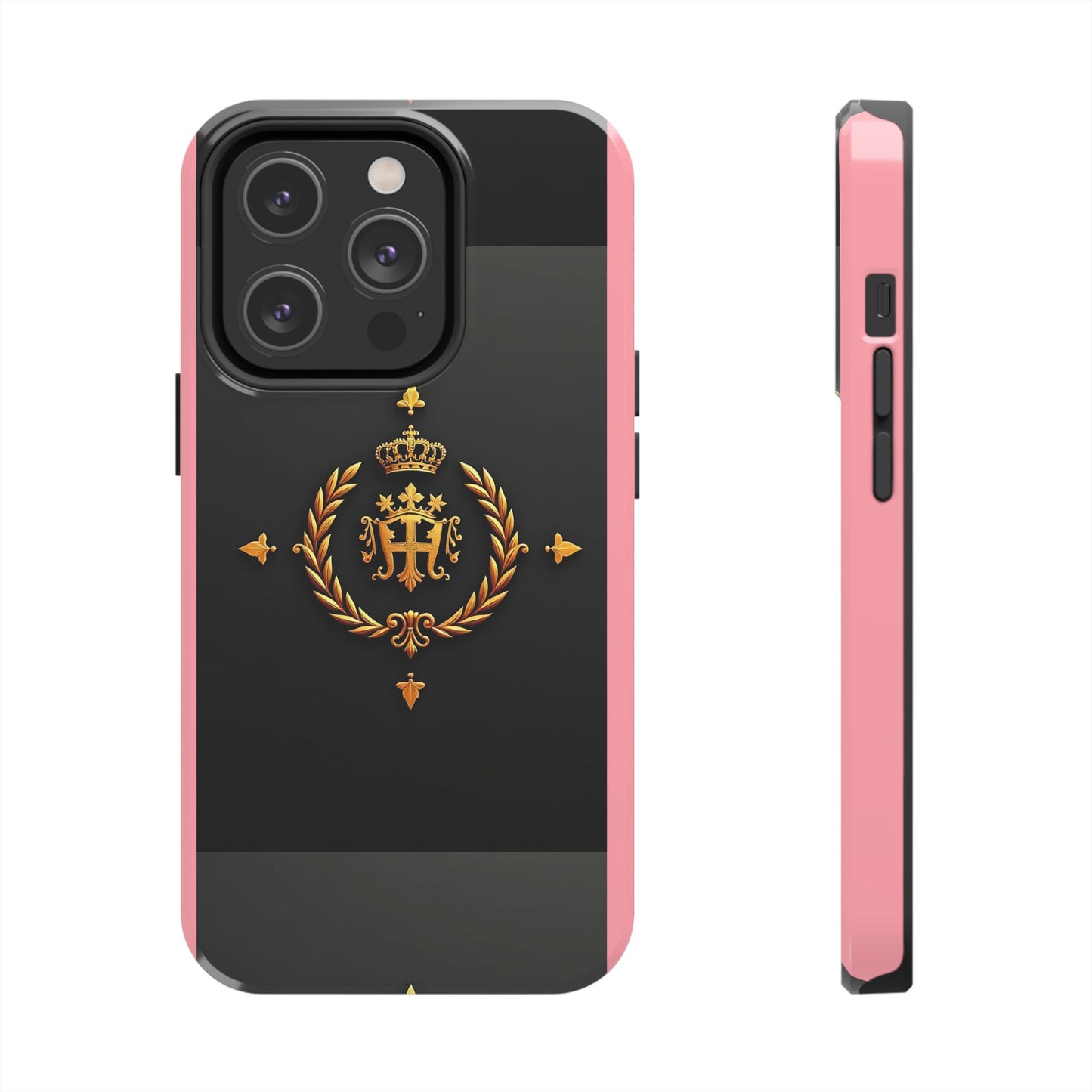 Tough Phone Case with Regal Design - Elegant Phone Protection, Gift for Him/Her, Royalty Inspired - Pink Striped Gold Crest