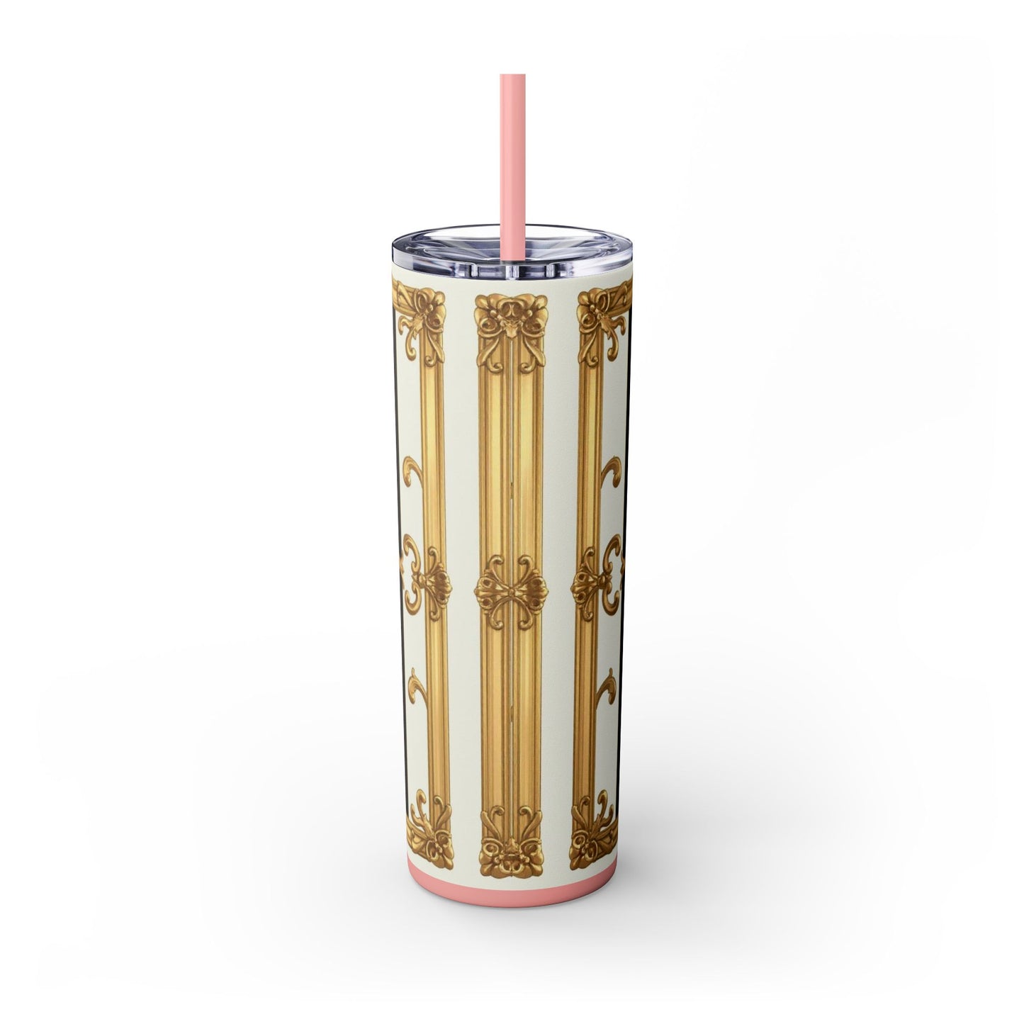 Elegant Gold Accents Skinny Tumbler, 20oz - Stylish Drinkware for Weddings, Parties, Gifts, or Everyday Use - Black & White Striped Gold Baroque