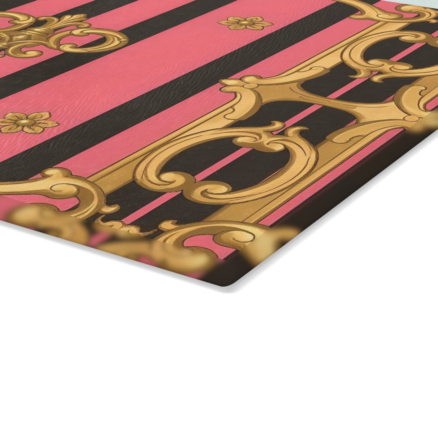 Elegant Pink and Black Glass Cutting Board, Kitchen Decor, Cooking Gift, Housewarming Present - Pink & Black Striped Gold Baroque