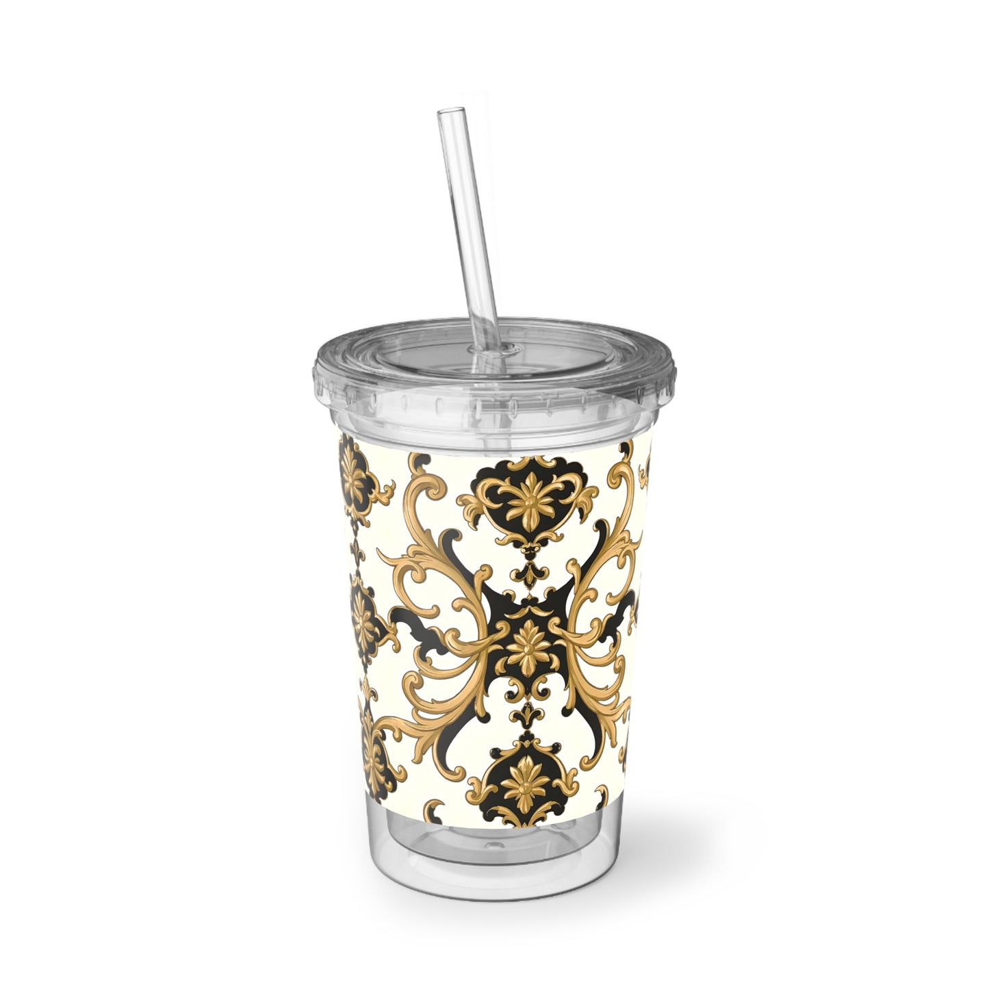 Elegant Insulated Acrylic Cup - Stylish Drinkware, Travel Mug, Summer Sips, Home Decor, Gift Idea - Black & Gold Rococo