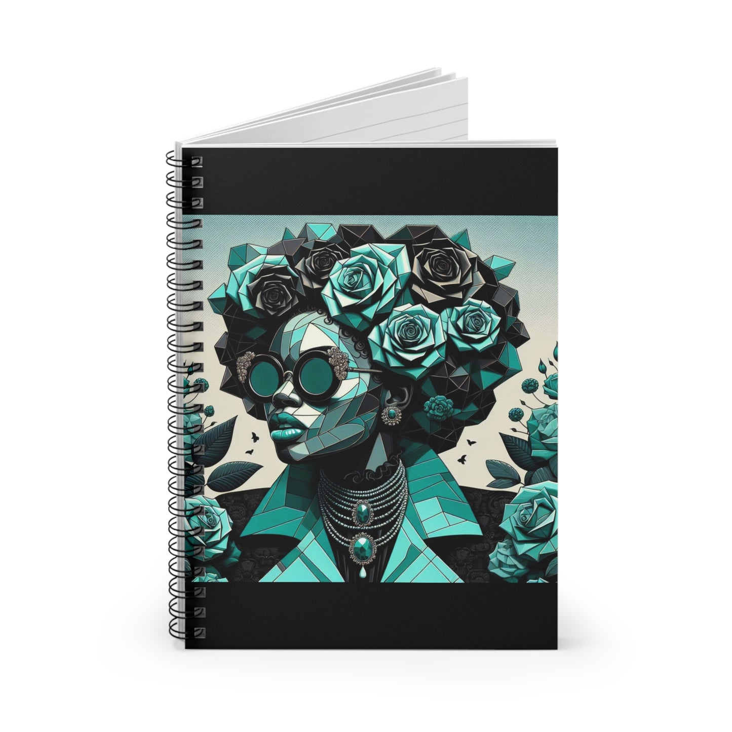 Artistic Floral Spiral Notebook - Ruled Line, Journal for Creativity, Gift for Writers, School Supplies - Turquoise & Black Roses Lady