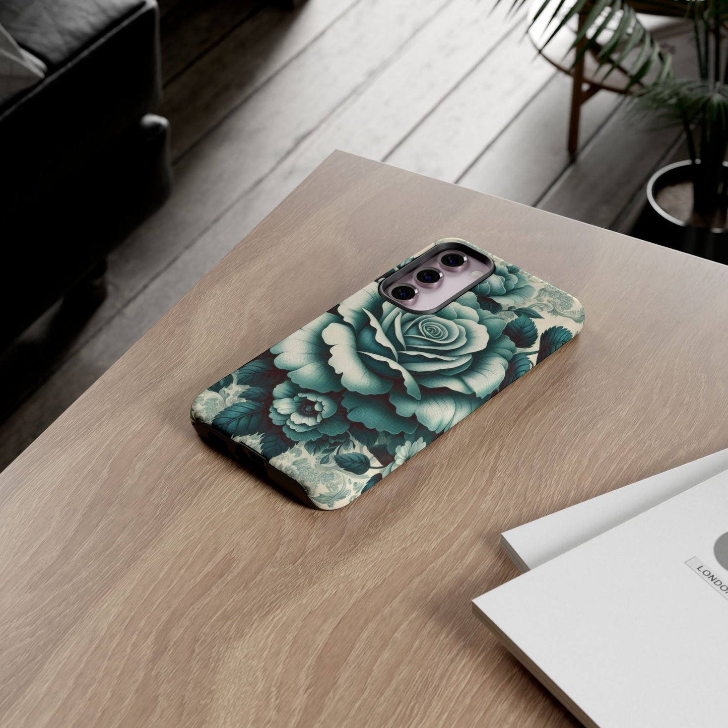 Elegant Floral Motif Phone Case - Tough Cases with Vintage Design - Teal Roses & Damask