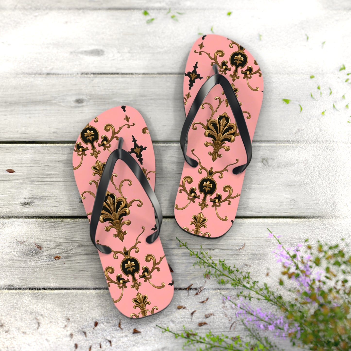 Stylish Flip Flops with Elegant Pink Design, Summer Footwear, Beach Sandals, Vacation Essentials - Pink, Black & Gold Rococo