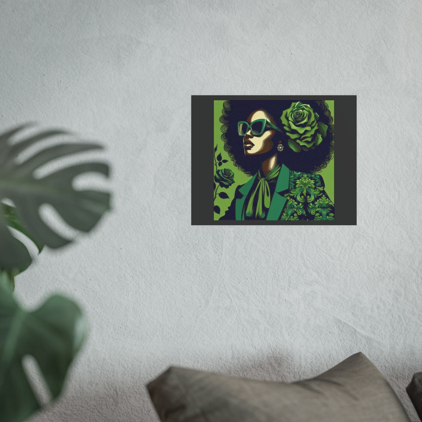 Chic Afrocentric Art Poster, Vibrant Wall Décor, Stylish Home Decoration, Damask Chic Art Print - Lady In Green Damask