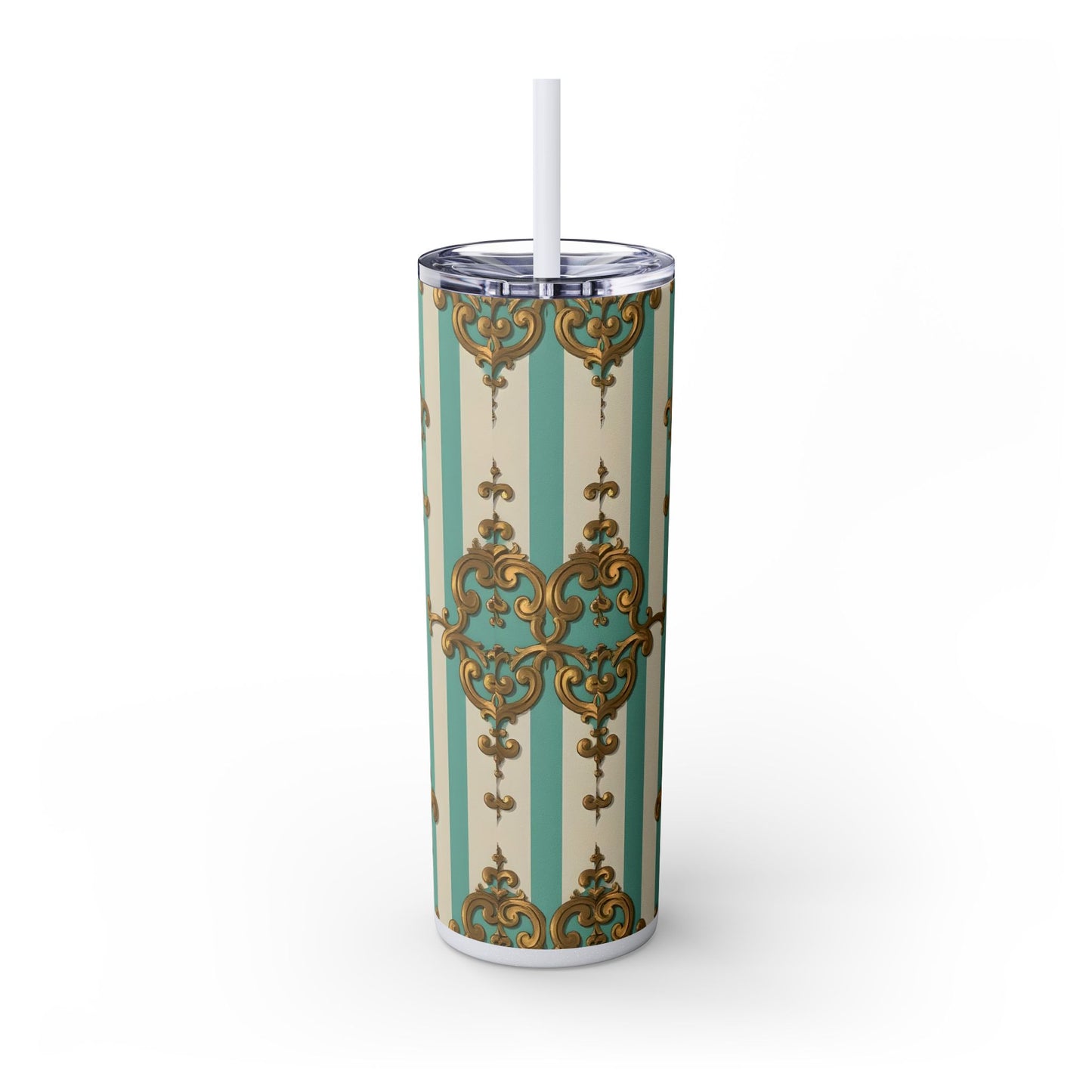 Elegant Vintage Skinny Tumbler with Straw, 20oz, Stylish Drinkware, Perfect Gift for Home, Coffee Lovers - Matte Green Striped Rococo