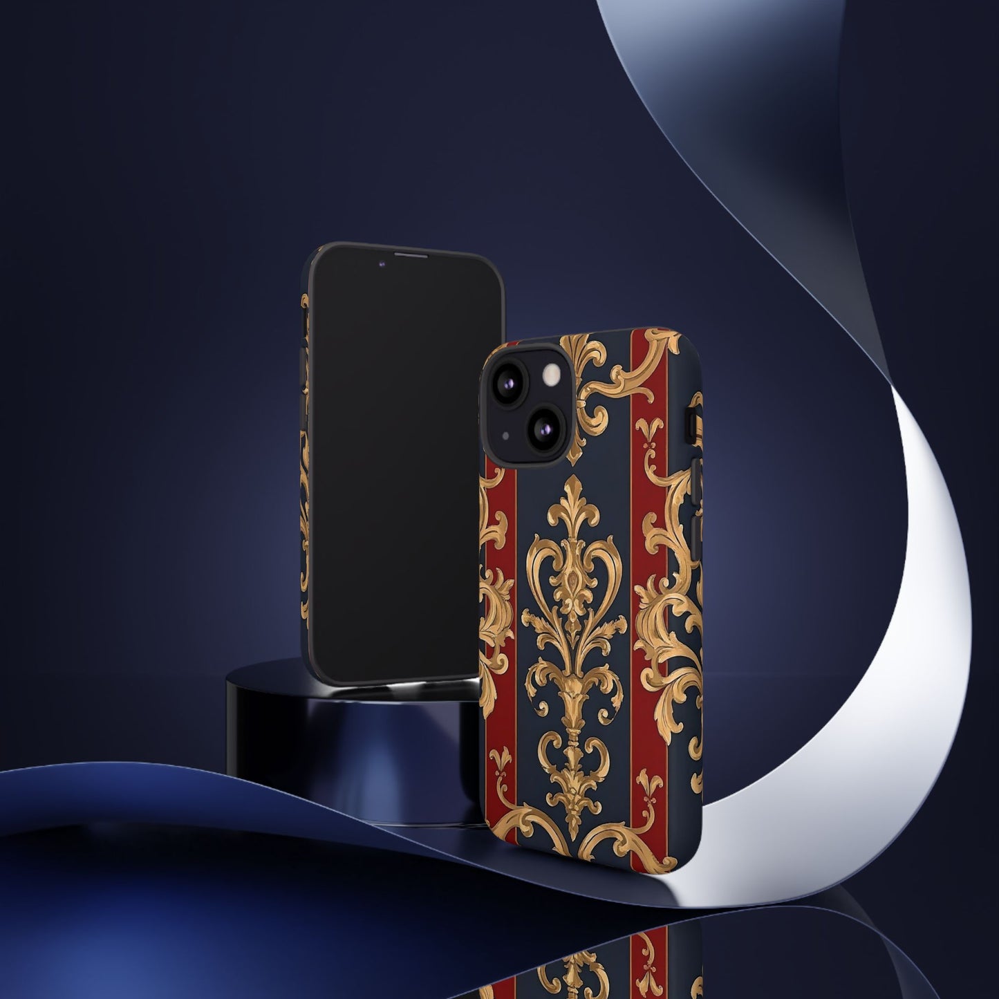 Elegant Floral Motif Phone Case - Tough Cases with Vintage Design - Midnight Blue & Dusk Red Striped Gold Damask