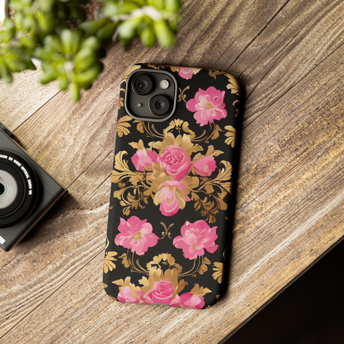 Elegant Floral Motif Phone Case - Tough Cases with Vintage Design - Pink & Gold Roses