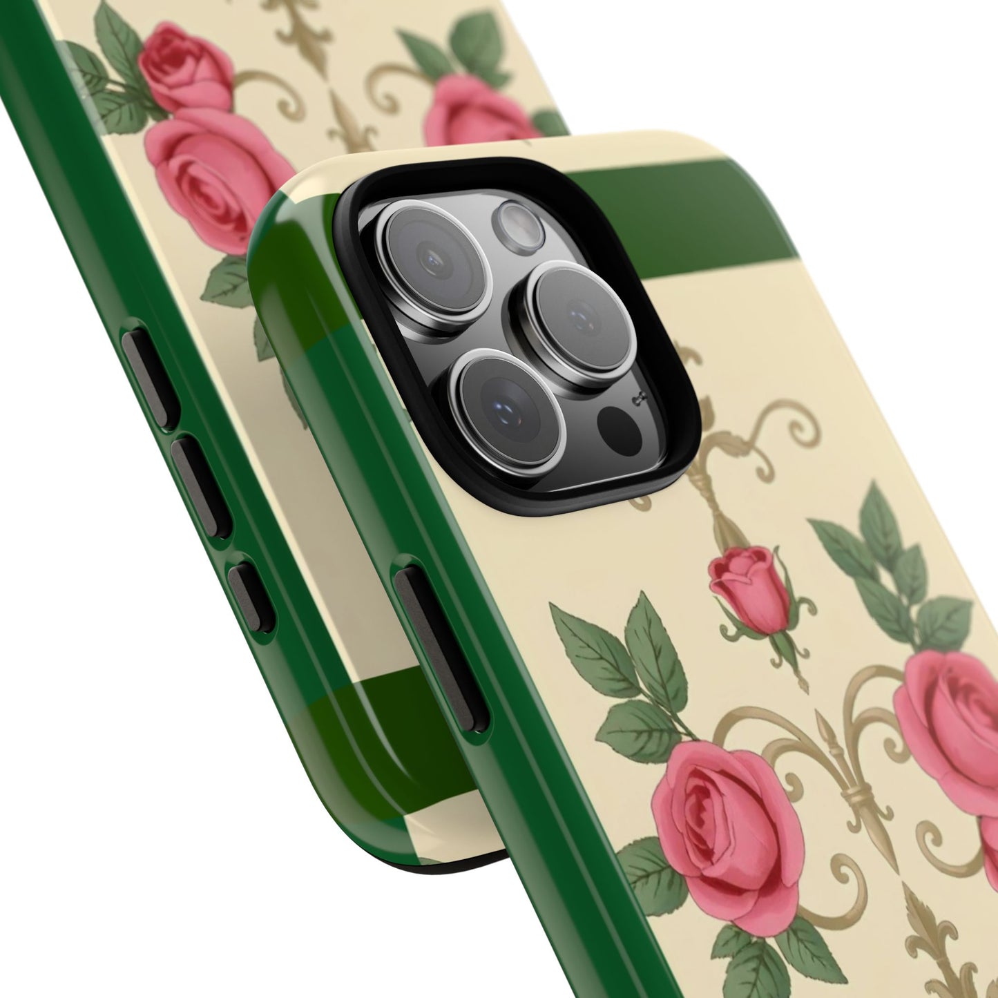 Elegant Floral Motif Phone Case - Tough Cases with Vintage Design - Green Border Roses & Damask