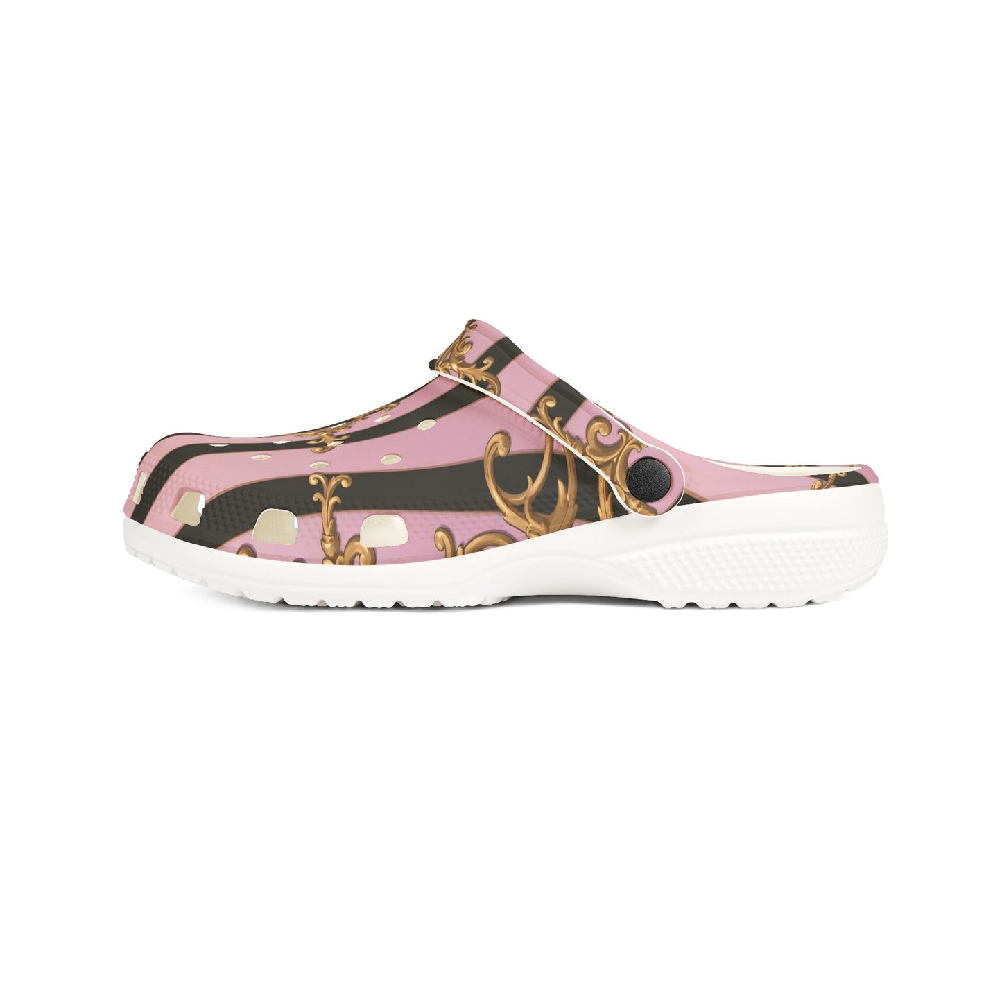 Chic Patterned EVA Foam Clogs, Stylish Garden Shoes, Fun Slip-On Footwear, Trendy Indoor - Matte Lavender & Black Striped Gold Baroque