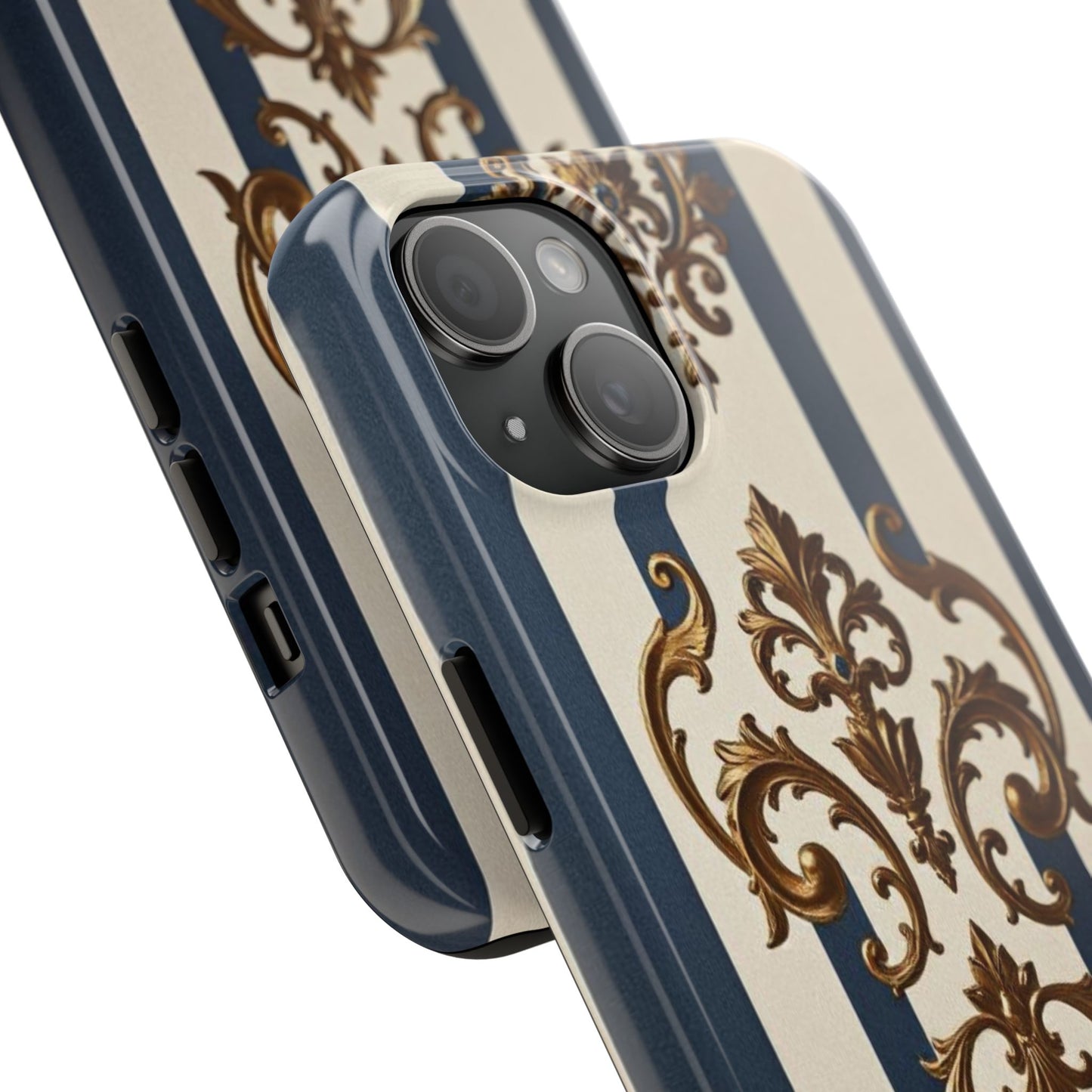 Damask Tough Phone Case - Alabaster & Blue Striped Damask