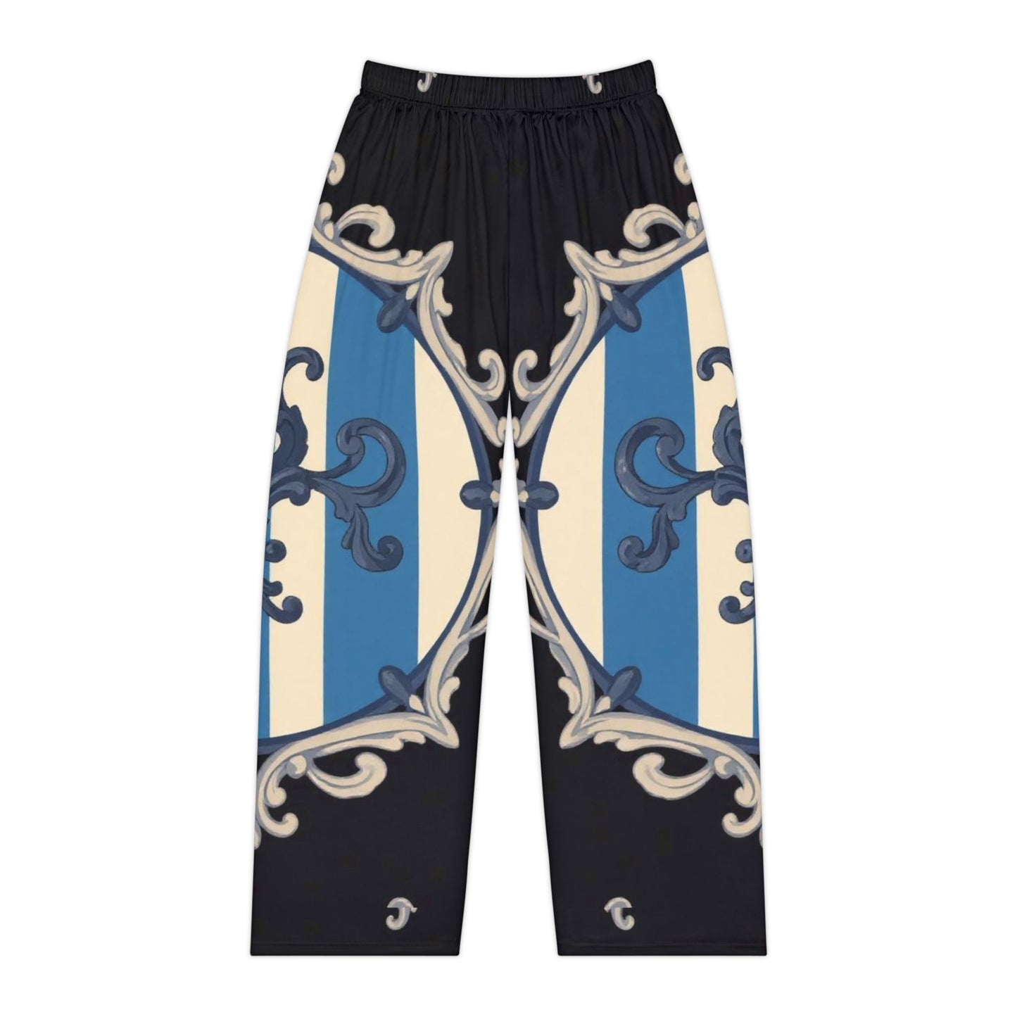 Elegant Blue & Alabaster Striped Baroque Women’s Pajama Pants, Trendy Loungewear, Comfortable Sleep Pants, Stylish Nightwear, Relaxation Fashion