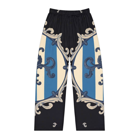 Elegant Blue & Alabaster Striped Baroque Women’s Pajama Pants, Trendy Loungewear, Comfortable Sleep Pants, Stylish Nightwear, Relaxation Fashion