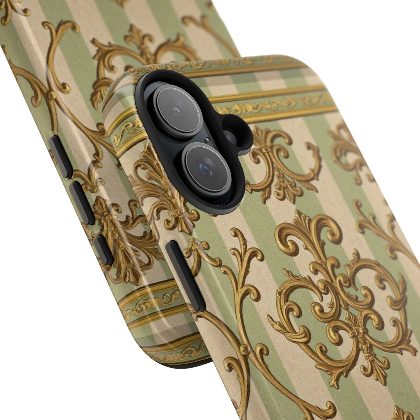 Vintage Elegance Phone Case, Tough Phone Cases for Style, Gift for Birthdays, Stylish Protection - Mint Green & Beige Striped Gold Baroque